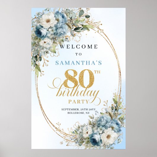 Eleganter staubblauer Blumen-Goldrahmen 80. Geburt Poster (Vorne)