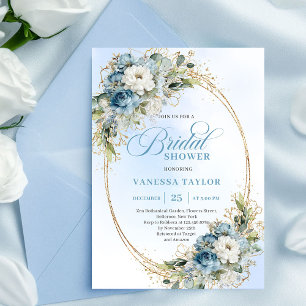 Eleganter Staubblauer Blumen Hochzeitsdusche Einladung