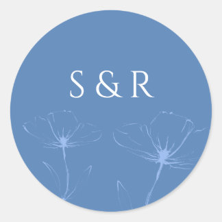 Eleganter Staubblauer Blumen-Linienkunst-Monogramm Runder Aufkleber