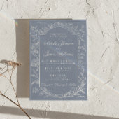 Eleganter Staubblauer Blumen QR-Code Foto-Hochzeit Einladung