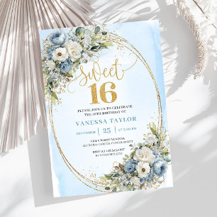 Eleganter staubblauer Blumen-Sweet-Sixteen  Einladung