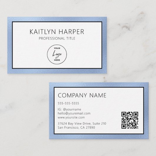 Eleganter staubblauer Folienrand-Logo-QR-Code Visitenkarte (Vorne/Hinten)