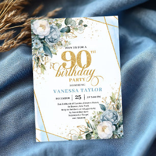 Eleganter staubblauer goldener Rahmen Blumen 90. G Einladung