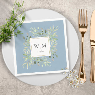 Eleganter staubblauer Grünton Gold Monogramm Serviette