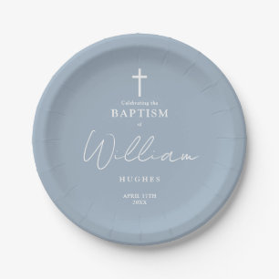 Eleganter staubblauer minimalistischer Tauf-Christ Pappteller