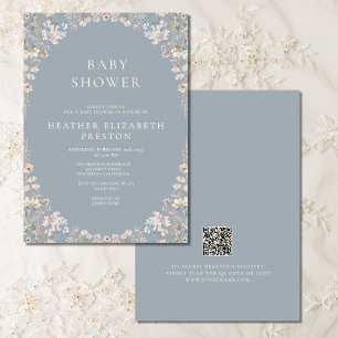 Eleganter Staubblauer QR-Code Wildflower-Baby-Part Einladung