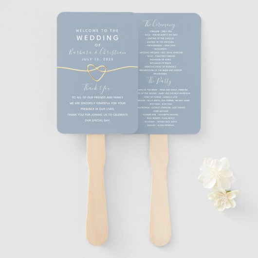 Eleganter staubblauer Skript-Hochzeitsprogramm-Han Fächer (Vorne und Hinten)