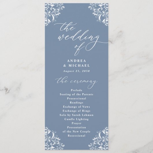 Eleganter Staubblauer Vintage-Klassischer Hochzeit Programm (Vorderseite)