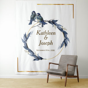 Eleganter staubblauer Vögel-weißer Hochzeitshinter Wandteppich
