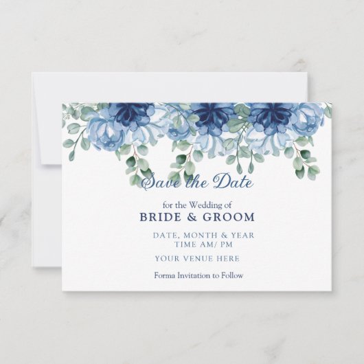 Eleganter staubblauer Wasserfarben-Blumen-Eukalypt Save The Date (Vorderseite)