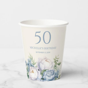 Eleganter staubblauer weißer Blumenstrauß 50. Gebu Pappbecher