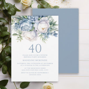 Eleganter staubblauer weißer Blumenstrauß zum 40.  Einladung