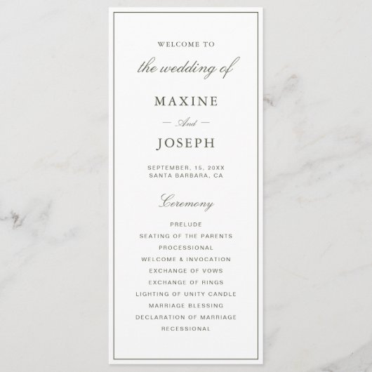 Eleganter Staubgrün-Script-Klassiker Hochzeit Programm (Vorderseite)