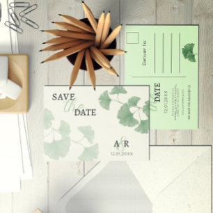 Eleganter staubgrüner Ginkgo-Blüten-Save-the-Date- Einladungspostkarte