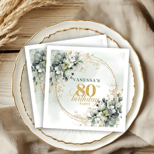 Eleganter staubgrüner Gold-Eukalyptus 80. Geburtst Serviette