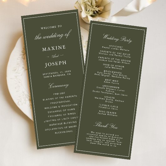 Eleganter Staubgrüner Skript Klassische Hochzeit Programm