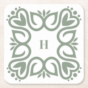 Eleganter staubiger Salbei-Grün-Monogramm-Schriftz Rechteckiger Pappuntersetzer
