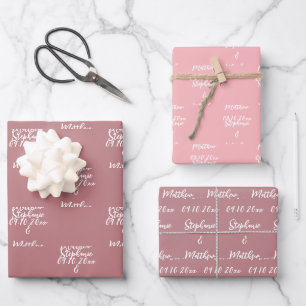 Eleganter Staubrosa Braut Bräutigam Namen Hochzeit Geschenkpapier Set