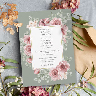 Eleganter Staubrose-Floral-Sage-Grün-Hochzeit Einladung