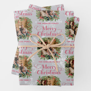 Eleganter Stechpalmenkranz Frohe Weihnachten Famil Geschenkpapier Set