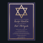 Eleganter Stern von David: Moderner Bat Mitzvah Einladung<br><div class="desc">Feiern Sie den besonderen Tag Ihres Kindes mit unserer modernen und eleganten Fledermausmitzvah-Einladung. Das Design umfasst ein Imitat, gedruckt mit Goldfolie Star of David und Rahmen, Set vor einem einfachen marineblauen Hintergrund mit verzierter kursiver Typografie. Diese schicke, hübsche, minimalistische und regale Einladung ist die perfekte Wahl, um dieses bedeutsame Ereignis...</div>