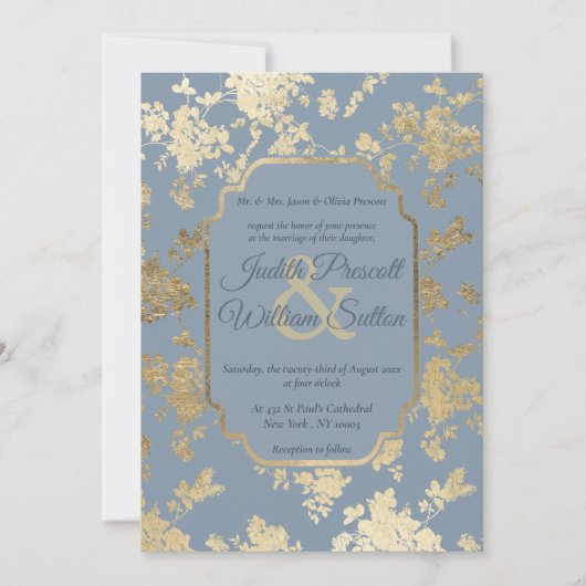Eleganter Stil Dusty Blue Gold Floral Wedding Einladung (Vorderseite)