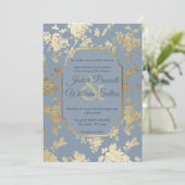 Eleganter Stil Dusty Blue Gold Floral Wedding Einladung (Stehend Vorderseite)