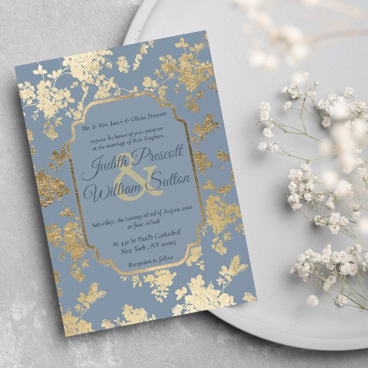 Eleganter Stil Dusty Blue Gold Floral Wedding Einladung