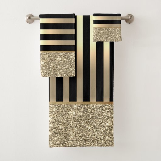 Eleganter, stilvoller Black, Gold Stripes Glitzer Badhandtuch Set (Insitu)