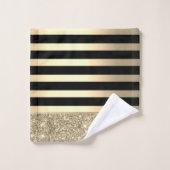 Eleganter, stilvoller Black, Gold Stripes Glitzer Badhandtuch Set (Waschlappen)