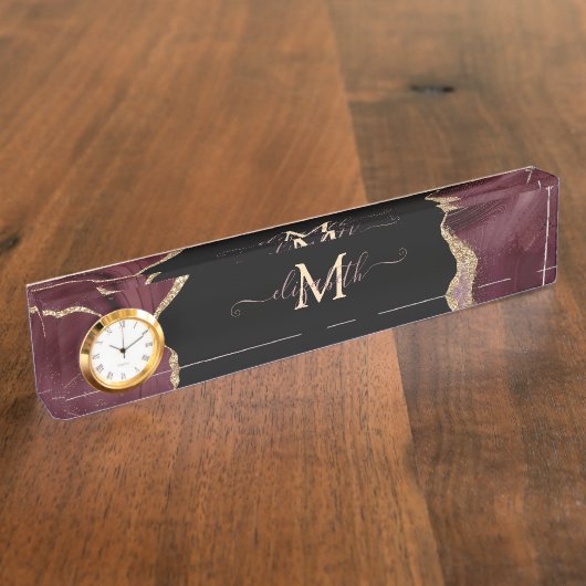 Eleganter, stilvoller Gold Glitzer Burgundy Agate Namensplakette (Seite)