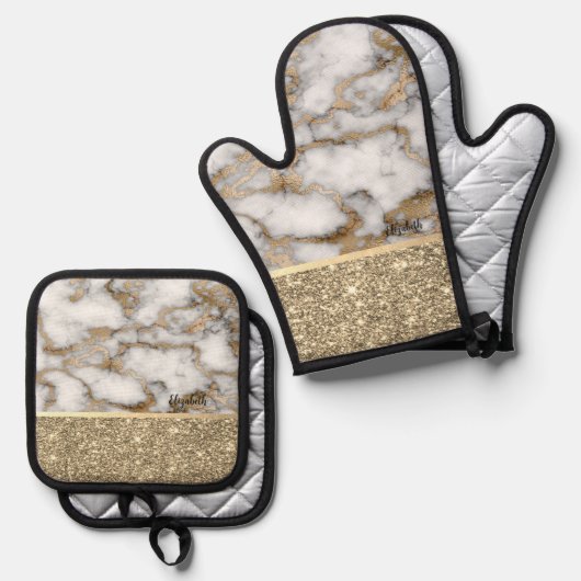 Eleganter, stilvoller Gold Glitzer Shiny White Mar Ofenhandschuh & Topflappen-Set (Vorderseite/Rückseite)
