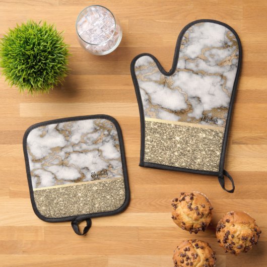 Eleganter, stilvoller Gold Glitzer Shiny White Mar Ofenhandschuh & Topflappen-Set (Oben Unten)