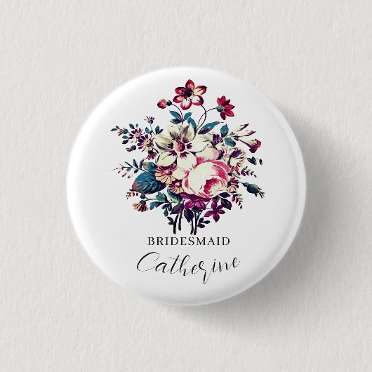 Eleganter stilvoller Vintage-Rosenstrauß Hochzeit Button (Vorderseite)