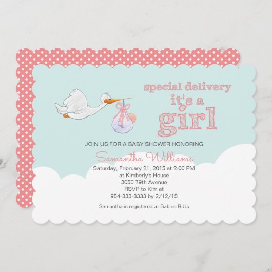 Eleganter Storch Carry Baby CLOUD MIRL BABY SHOWER Einladung (Vorne/Hinten)