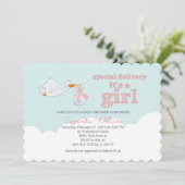 Eleganter Storch Carry Baby CLOUD MIRL BABY SHOWER Einladung (Stehend Vorderseite)