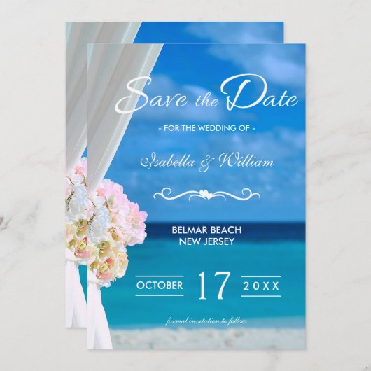 Eleganter Strand mit Blumen Save the Date (Vorne/Hinten)