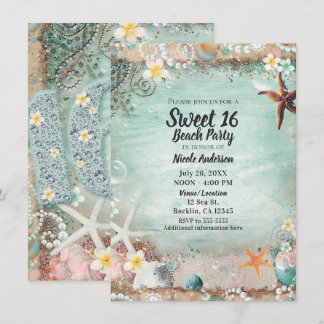 Eleganter Strandseeufel & Perlen Sweet 16 Foto Einladung