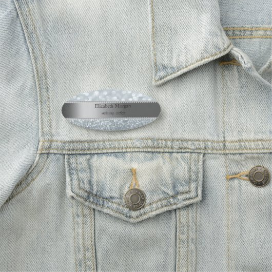 Eleganter Streifen, Perlen, Silberer Glitzer Bokeh Namensschild (Beispiel)