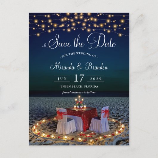 Eleganter String Lights Beach Summer Save the Date Ankündigungspostkarte (Vorderseite)