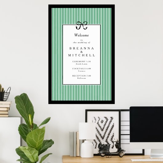 Eleganter Stripe Black Border Bow Wedding Willkomm Poster (Heimbüro)