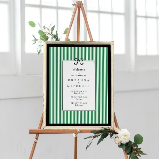 Eleganter Stripe Black Border Bow Wedding Willkomm Poster