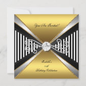 Eleganter Stripe Gold Schwarz-weiß Silber Geburtst Einladung (Vorderseite)