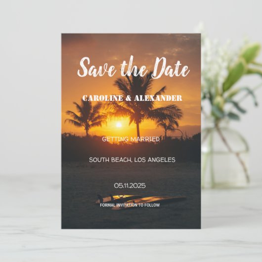 Eleganter Summer Sunset Beach Tropical Wedding Ret Save The Date (Stehend Vorderseite)