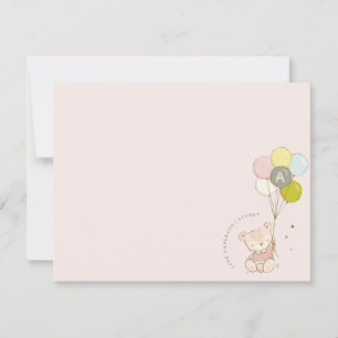 Eleganter süßer Blush-Bär-Ballon Mädchen-Monogramm Mitteilungskarte