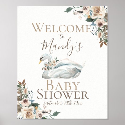 Eleganter Swan Floral Neutral Baby Shower Willkomm Poster (Vorne)