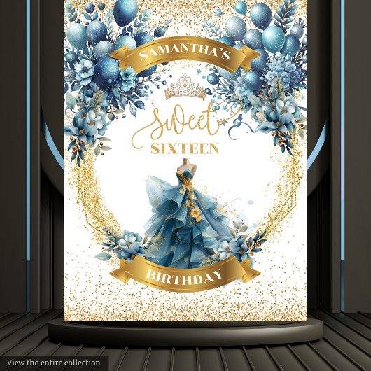 Eleganter Sweet 16 Blue Gold Watercolor Glitzer Wandteppich
