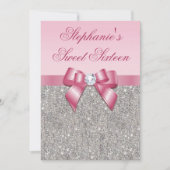 Eleganter Sweet 16 Imitat Silver Sequins Pink Bow Einladung (Vorderseite)