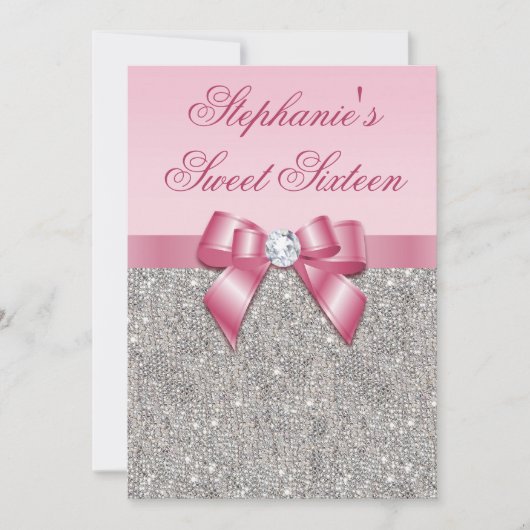 Eleganter Sweet 16 Imitat Silver Sequins Pink Bow Einladung (Vorderseite)