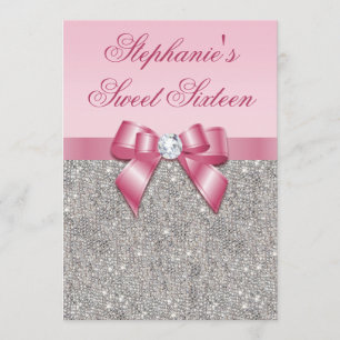 Eleganter Sweet 16 Imitat Silver Sequins Pink Bow Einladung
